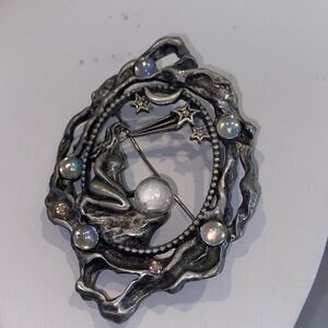Vintage Brooch Art Nouveau Lady JJ Jonette Celestial Crystal Ball Jewelry Pin